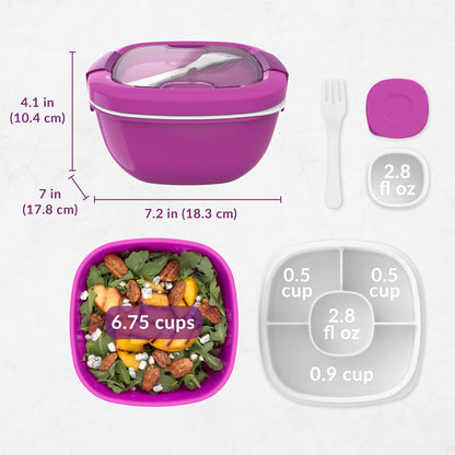 Salad Container, Lunch Bowl with 4-Compartment Toppings Tray, 54 oz