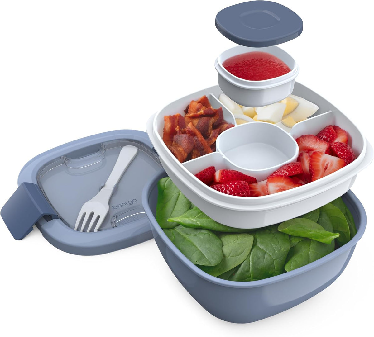 Salad Container, Lunch Bowl with 4-Compartment Toppings Tray, 54 oz