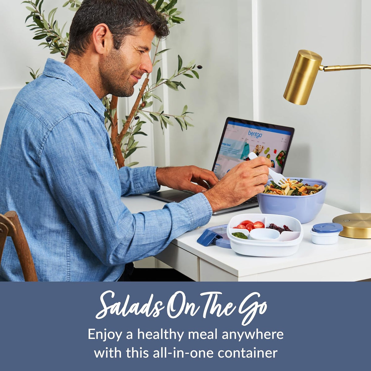 Salad Container, Lunch Bowl with 4-Compartment Toppings Tray, 54 oz