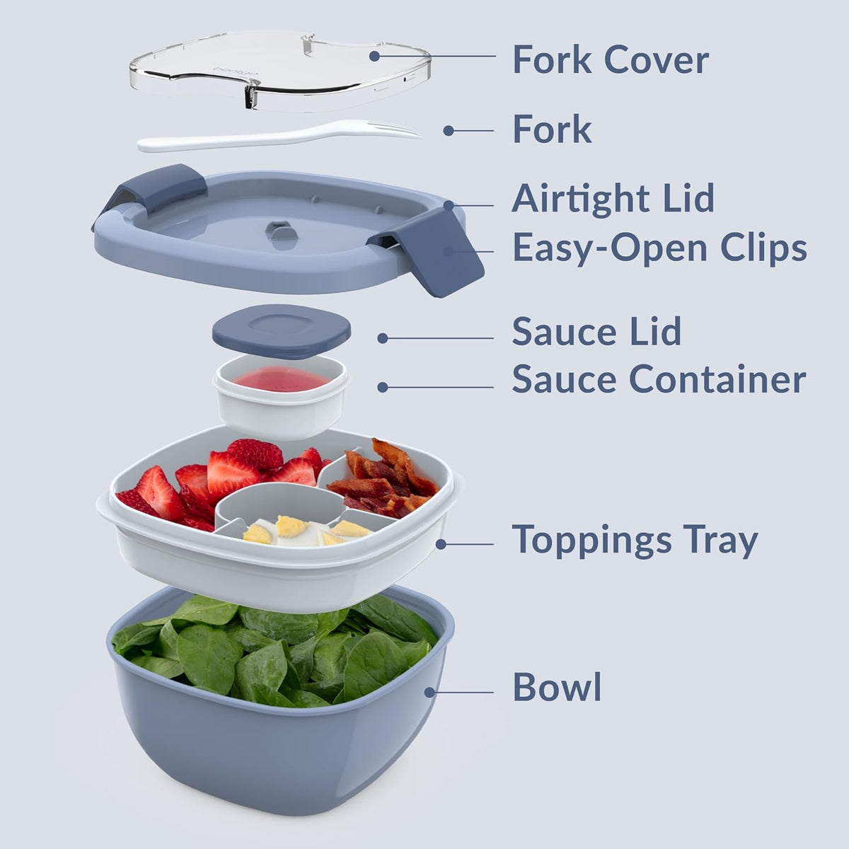 Salad Container, Lunch Bowl with 4-Compartment Toppings Tray, 54 oz