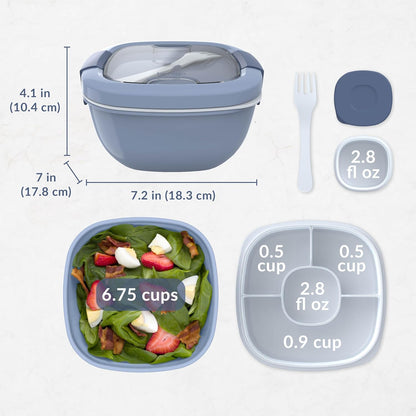 Salad Container, Lunch Bowl with 4-Compartment Toppings Tray, 54 oz