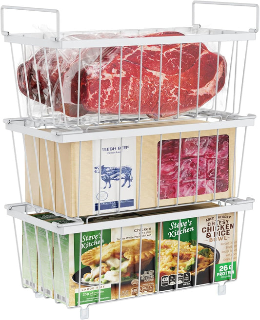 Freezer Organizer Bins - Small Storage Baskets for 7 Cu.Ft | Easy Access Handles, Stackable Deep Freezer Wire Baskets, Vertical Space Sorts for Frozen Meat, Vegetable and Bagged Items