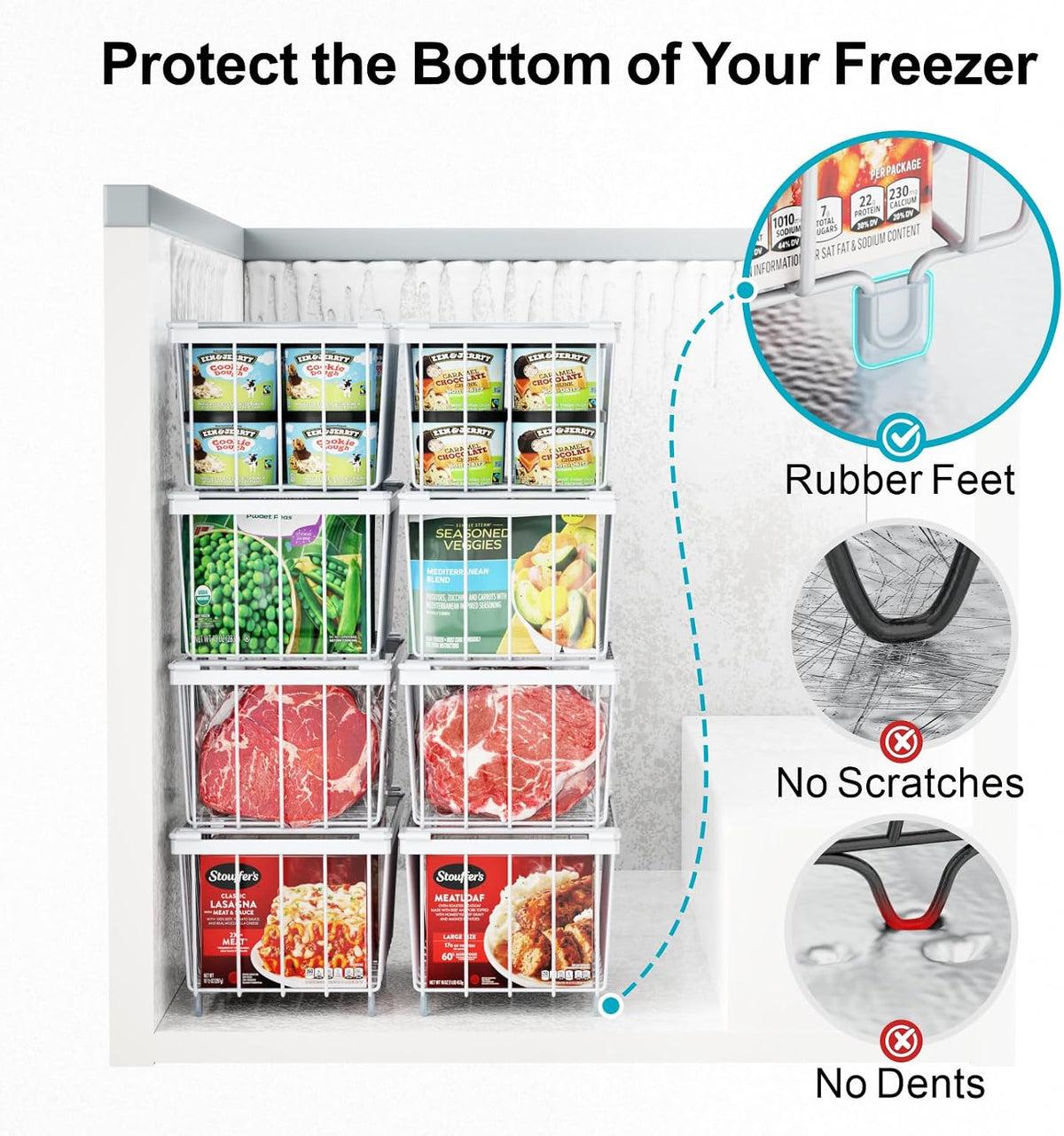 Freezer Organizer Bins - Small Storage Baskets for 7 Cu.Ft | Easy Access Handles, Stackable Deep Freezer Wire Baskets, Vertical Space Sorts for Frozen Meat, Vegetable and Bagged Items
