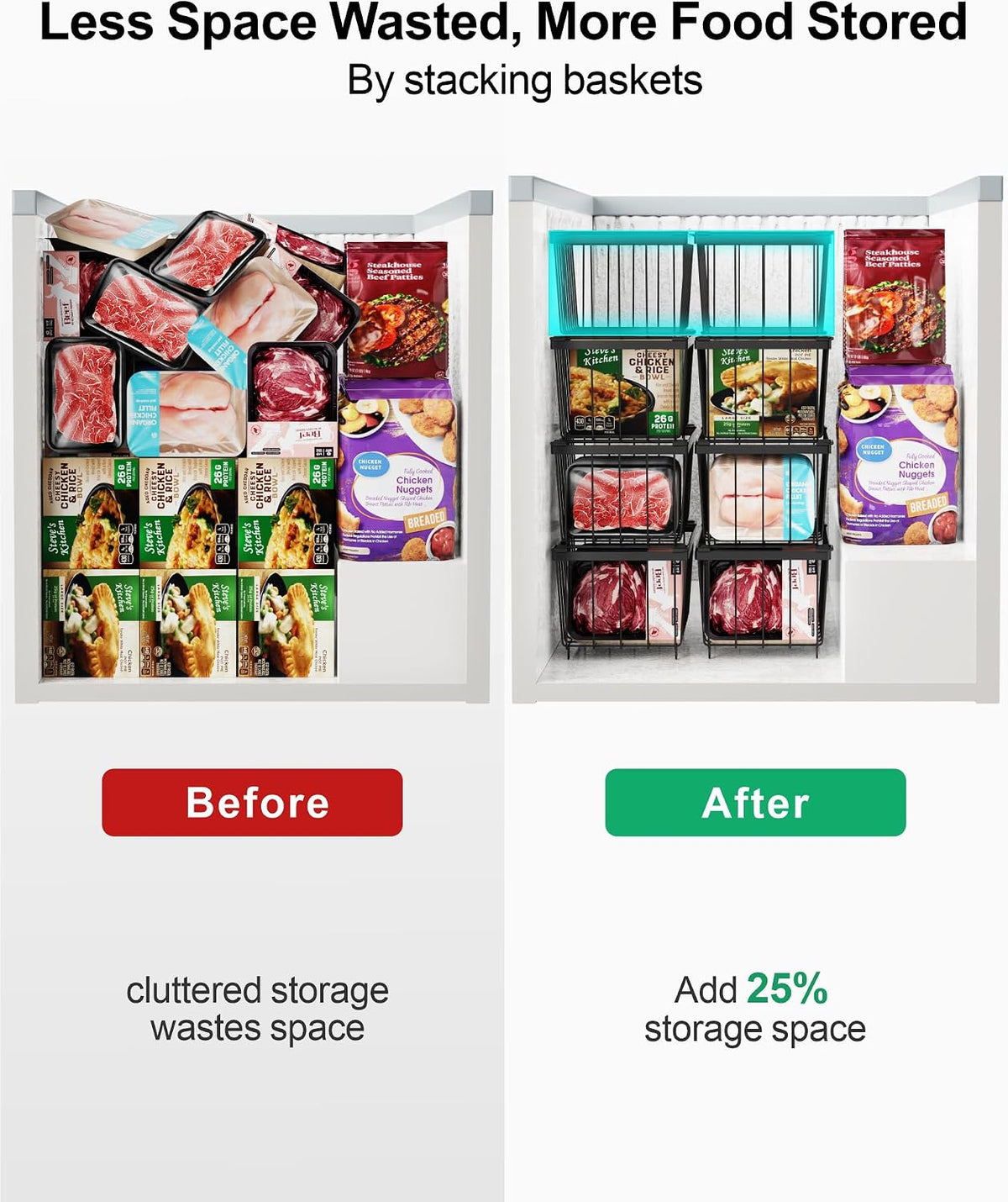 Freezer Organizer Bins - Small Storage Baskets for 7 Cu.Ft | Easy Access Handles, Stackable Deep Freezer Wire Baskets, Vertical Space Sorts for Frozen Meat, Vegetable and Bagged Items