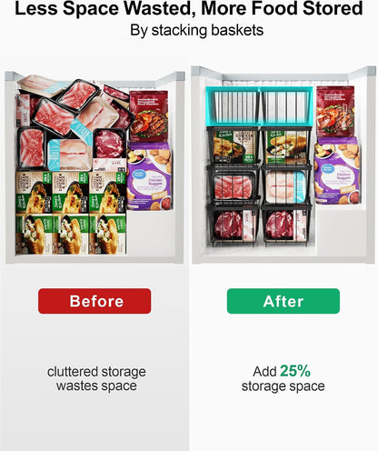 Freezer Organizer Bins - Small Storage Baskets for 7 Cu.Ft | Easy Access Handles, Stackable Deep Freezer Wire Baskets, Vertical Space Sorts for Frozen Meat, Vegetable and Bagged Items