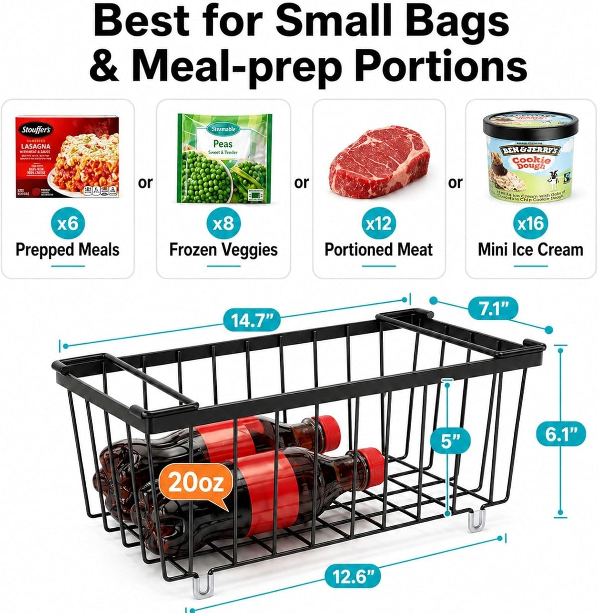 Freezer Organizer Bins - Small Storage Baskets for 7 Cu.Ft | Easy Access Handles, Stackable Deep Freezer Wire Baskets, Vertical Space Sorts for Frozen Meat, Vegetable and Bagged Items