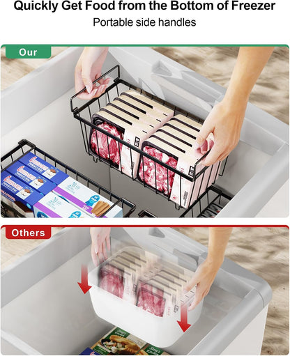 Freezer Organizer Bins - Small Storage Baskets for 7 Cu.Ft | Easy Access Handles, Stackable Deep Freezer Wire Baskets, Vertical Space Sorts for Frozen Meat, Vegetable and Bagged Items