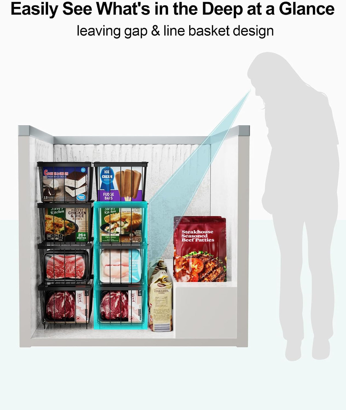 Freezer Organizer Bins - Small Storage Baskets for 7 Cu.Ft | Easy Access Handles, Stackable Deep Freezer Wire Baskets, Vertical Space Sorts for Frozen Meat, Vegetable and Bagged Items