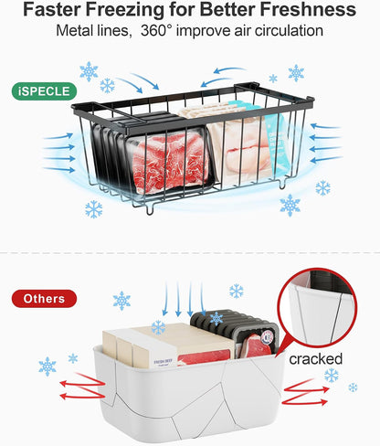 Freezer Organizer Bins - Small Storage Baskets for 7 Cu.Ft | Easy Access Handles, Stackable Deep Freezer Wire Baskets, Vertical Space Sorts for Frozen Meat, Vegetable and Bagged Items