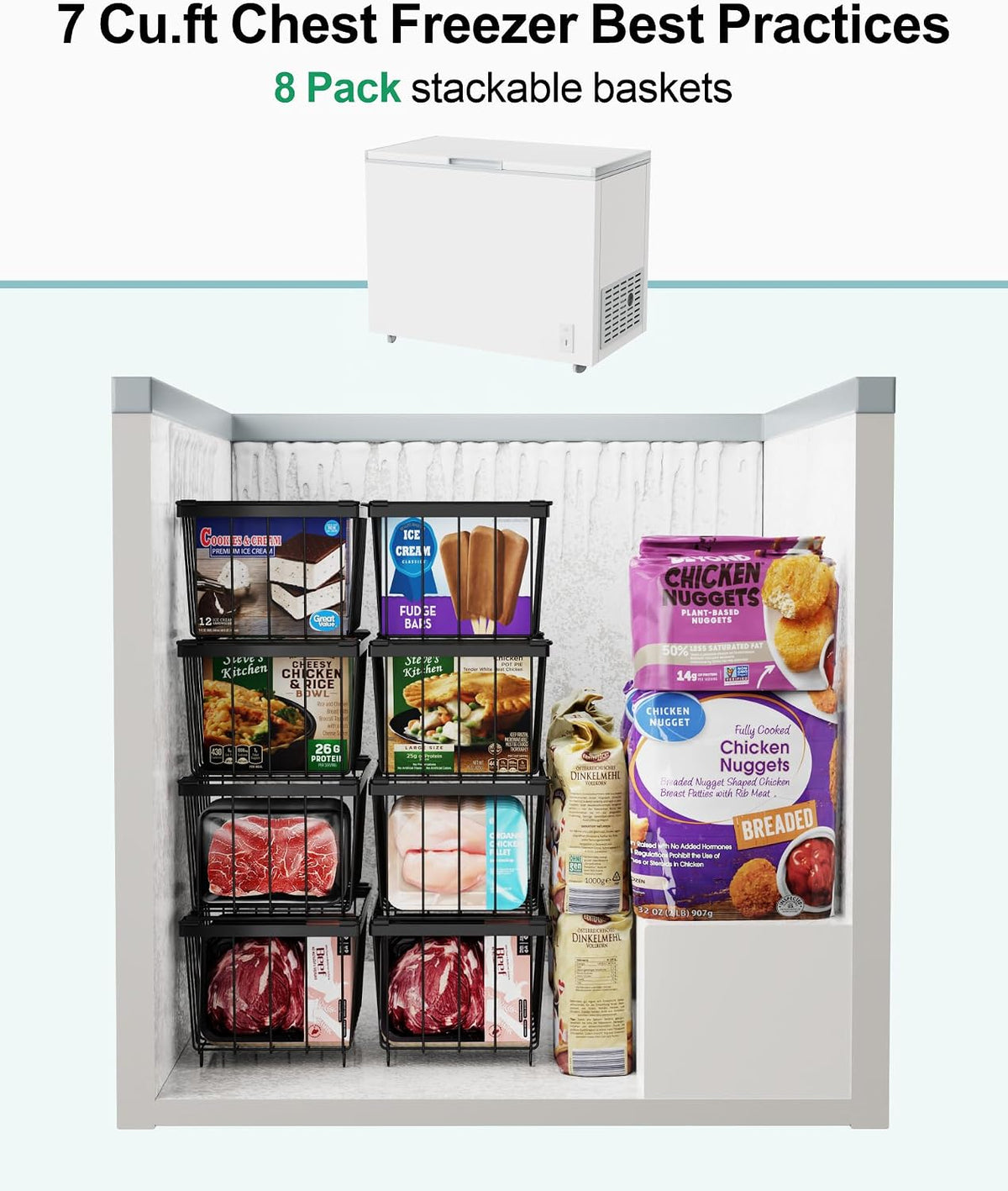 Freezer Organizer Bins - Small Storage Baskets for 7 Cu.Ft | Easy Access Handles, Stackable Deep Freezer Wire Baskets, Vertical Space Sorts for Frozen Meat, Vegetable and Bagged Items
