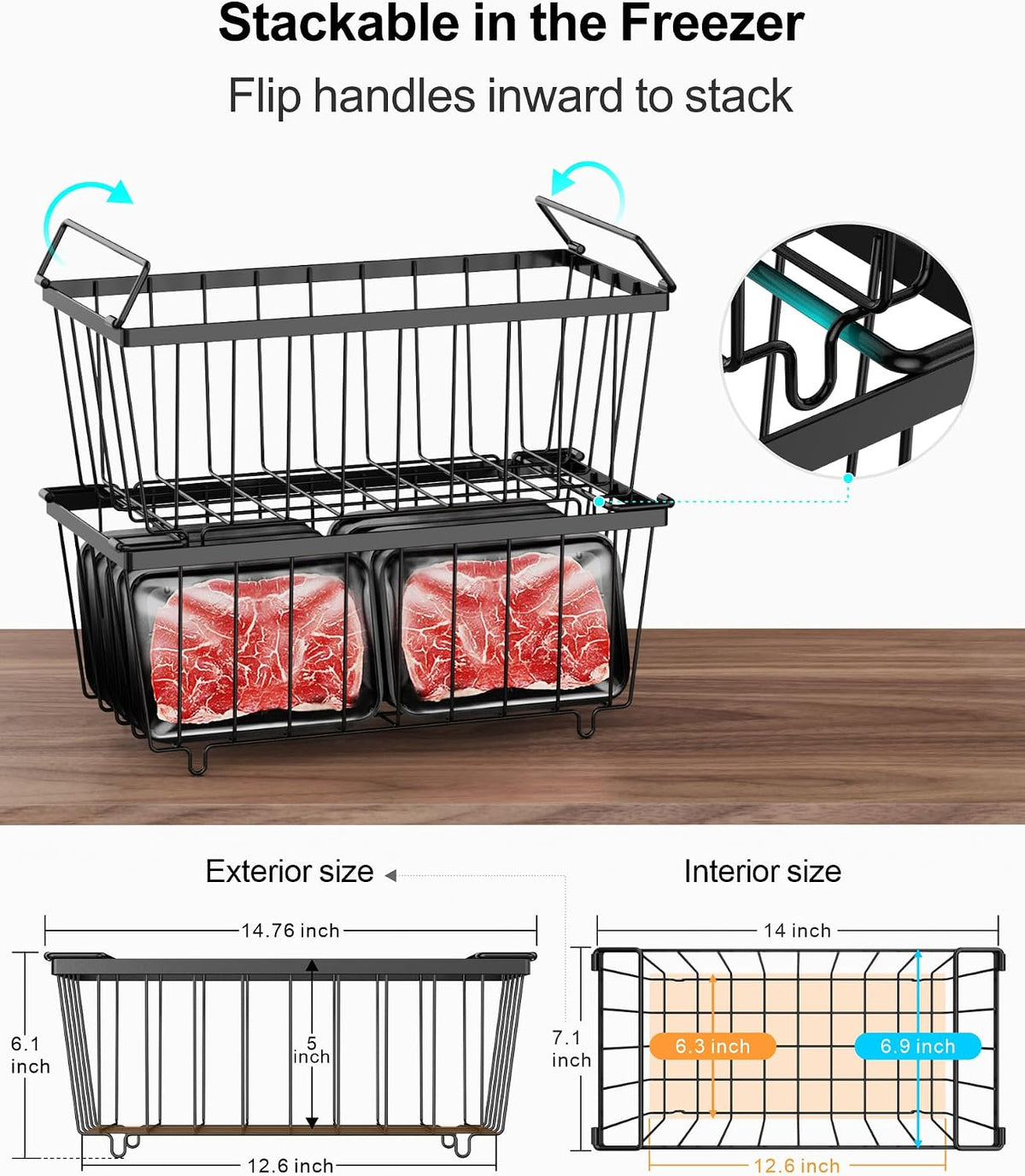 Freezer Organizer Bins - Small Storage Baskets for 7 Cu.Ft | Easy Access Handles, Stackable Deep Freezer Wire Baskets, Vertical Space Sorts for Frozen Meat, Vegetable and Bagged Items