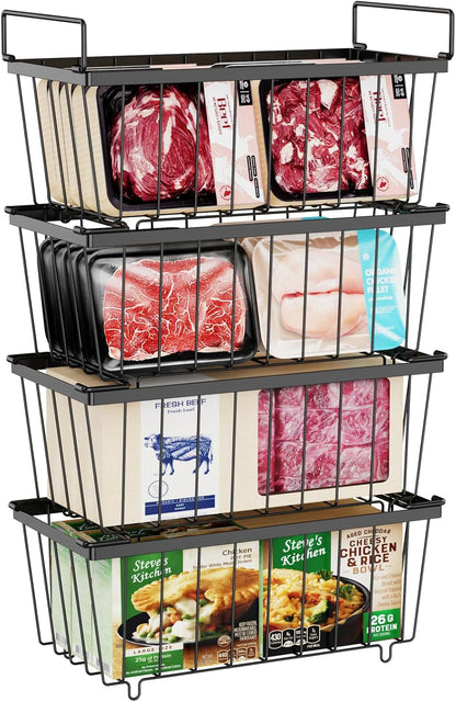 Freezer Organizer Bins - Small Storage Baskets for 7 Cu.Ft | Easy Access Handles, Stackable Deep Freezer Wire Baskets, Vertical Space Sorts for Frozen Meat, Vegetable and Bagged Items