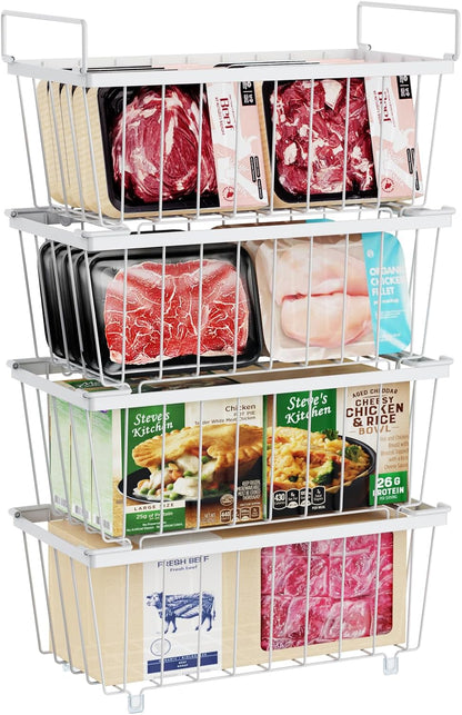 Freezer Organizer Bins - Small Storage Baskets for 7 Cu.Ft | Easy Access Handles, Stackable Deep Freezer Wire Baskets, Vertical Space Sorts for Frozen Meat, Vegetable and Bagged Items