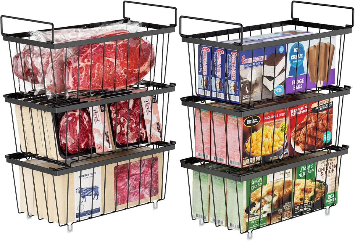 Freezer Organizer Bins - Small Storage Baskets for 7 Cu.Ft | Easy Access Handles, Stackable Deep Freezer Wire Baskets, Vertical Space Sorts for Frozen Meat, Vegetable and Bagged Items