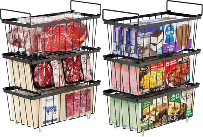 Freezer Organizer Bins - Small Storage Baskets for 7 Cu.Ft | Easy Access Handles, Stackable Deep Freezer Wire Baskets, Vertical Space Sorts for Frozen Meat, Vegetable and Bagged Items