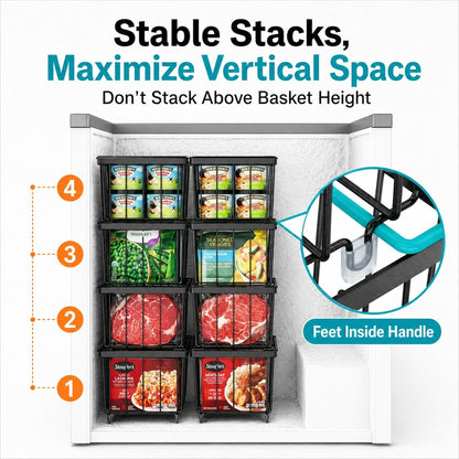 Freezer Organizer Bins - Small Storage Baskets for 7 Cu.Ft | Easy Access Handles, Stackable Deep Freezer Wire Baskets, Vertical Space Sorts for Frozen Meat, Vegetable and Bagged Items