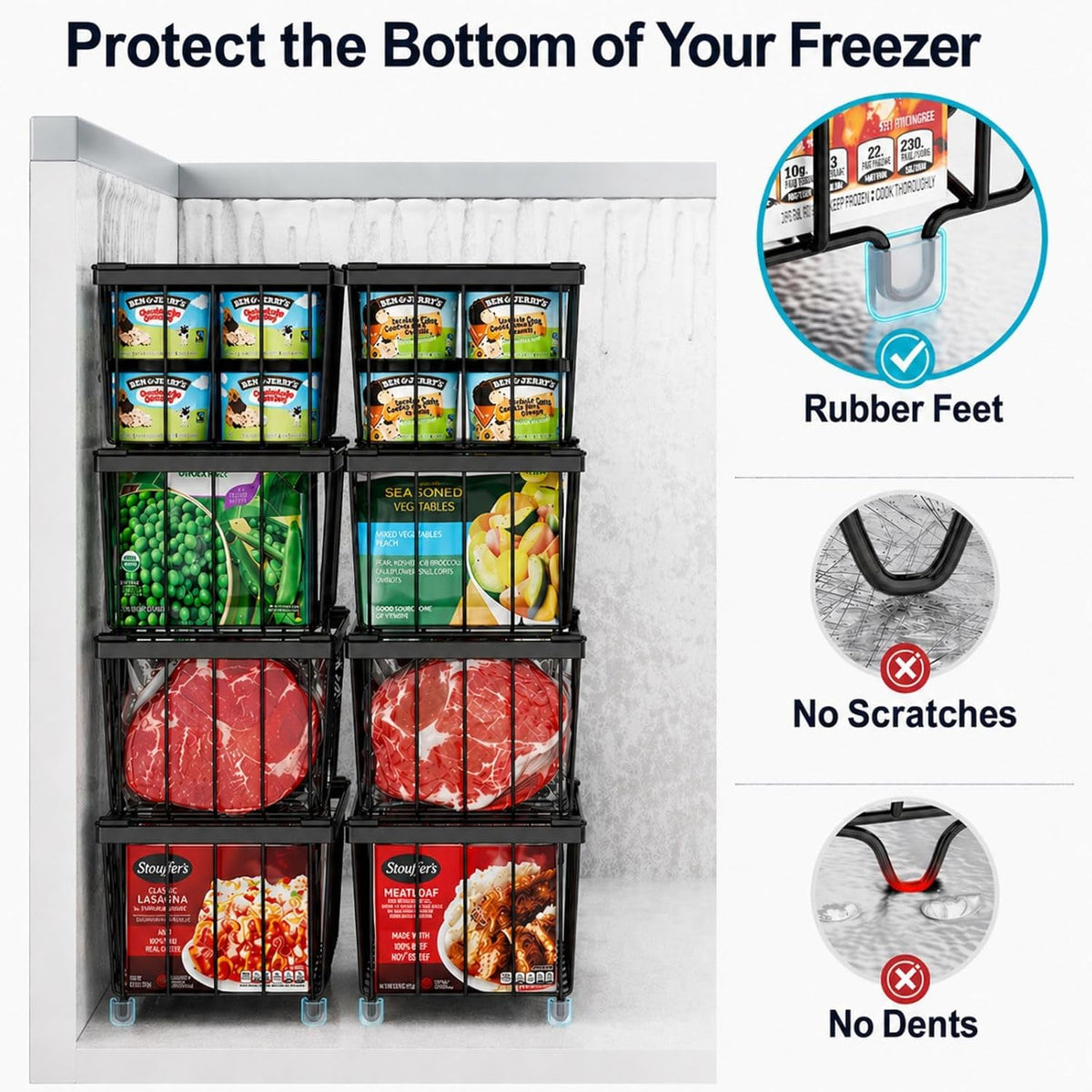 Freezer Organizer Bins - Small Storage Baskets for 7 Cu.Ft | Easy Access Handles, Stackable Deep Freezer Wire Baskets, Vertical Space Sorts for Frozen Meat, Vegetable and Bagged Items