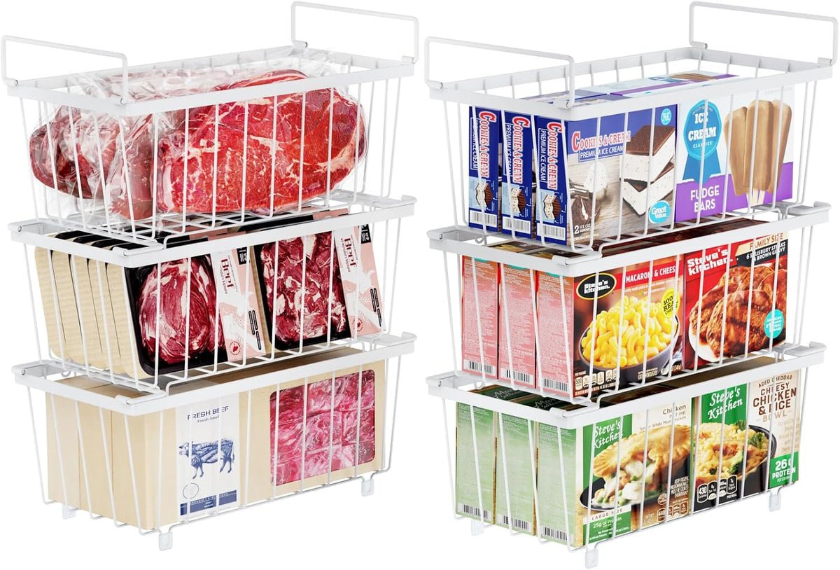Freezer Organizer Bins - Small Storage Baskets for 7 Cu.Ft | Easy Access Handles, Stackable Deep Freezer Wire Baskets, Vertical Space Sorts for Frozen Meat, Vegetable and Bagged Items