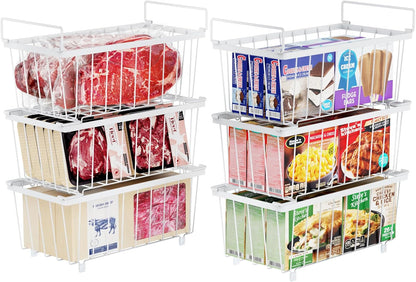 Freezer Organizer Bins - Small Storage Baskets for 7 Cu.Ft | Easy Access Handles, Stackable Deep Freezer Wire Baskets, Vertical Space Sorts for Frozen Meat, Vegetable and Bagged Items