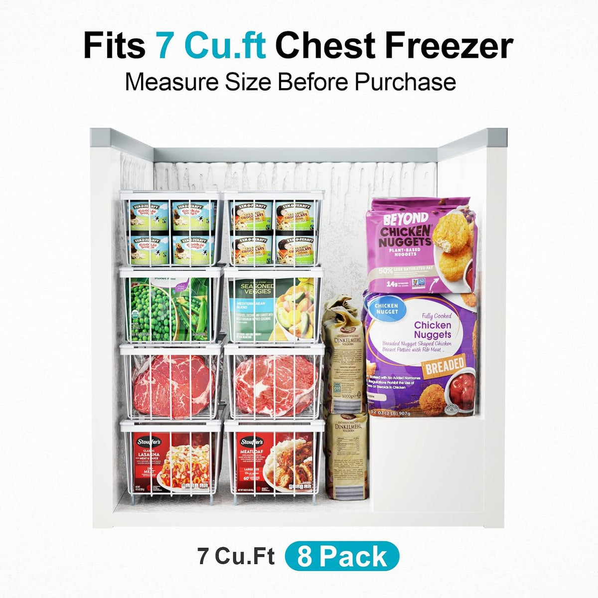 Freezer Organizer Bins - Small Storage Baskets for 7 Cu.Ft | Easy Access Handles, Stackable Deep Freezer Wire Baskets, Vertical Space Sorts for Frozen Meat, Vegetable and Bagged Items