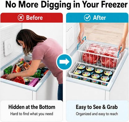 Freezer Organizer Bins - Small Storage Baskets for 7 Cu.Ft | Easy Access Handles, Stackable Deep Freezer Wire Baskets, Vertical Space Sorts for Frozen Meat, Vegetable and Bagged Items