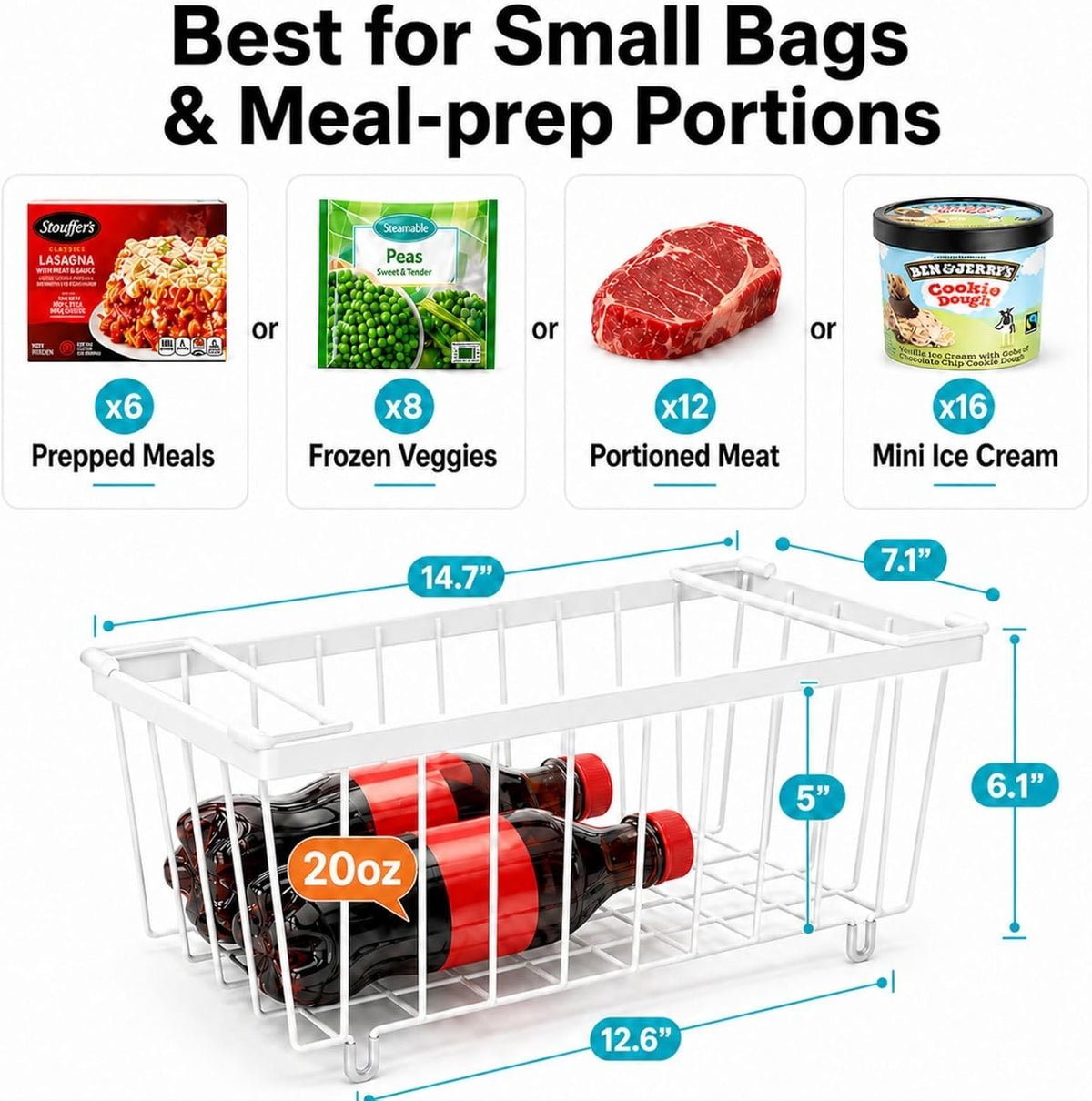 Freezer Organizer Bins - Small Storage Baskets for 7 Cu.Ft | Easy Access Handles, Stackable Deep Freezer Wire Baskets, Vertical Space Sorts for Frozen Meat, Vegetable and Bagged Items