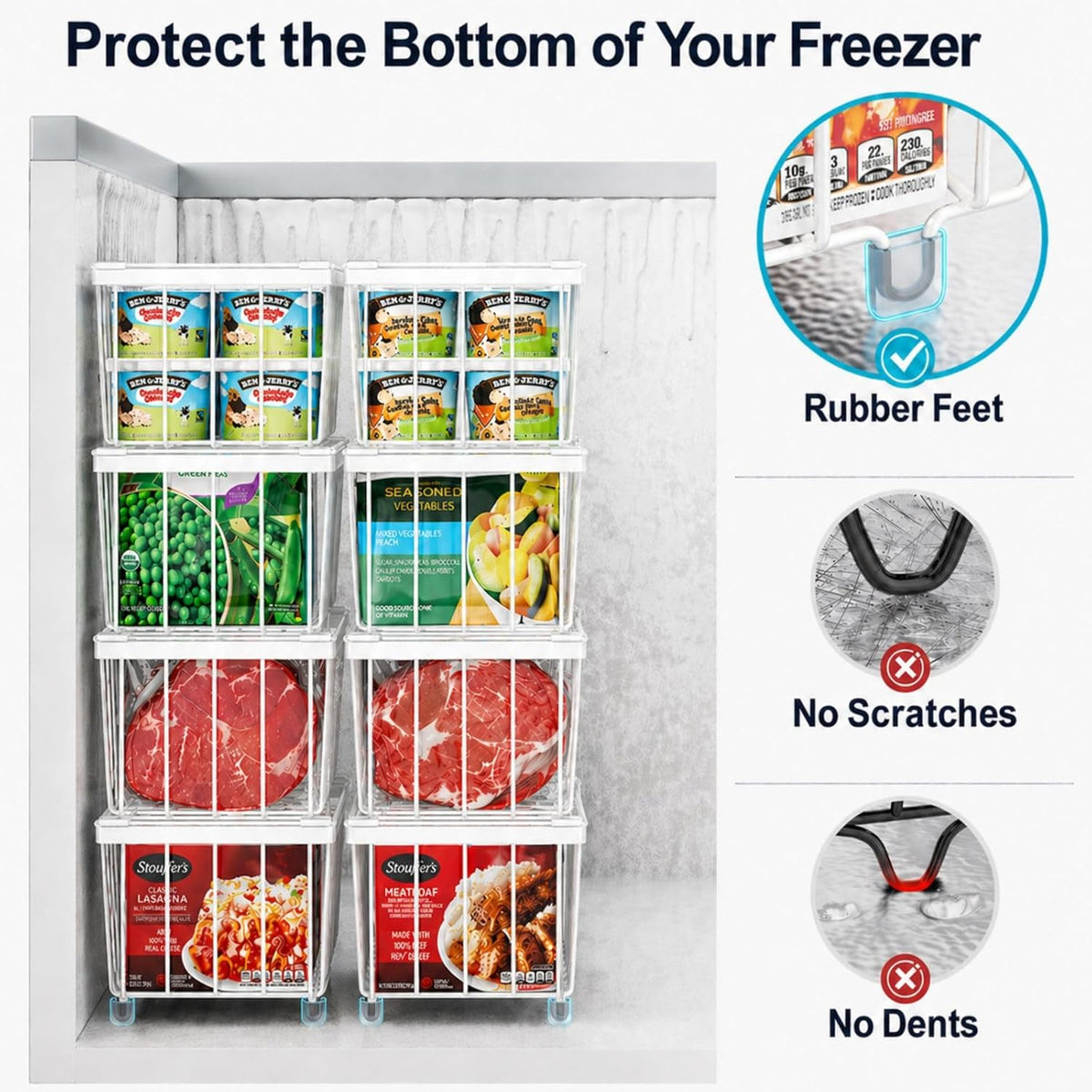 Freezer Organizer Bins - Small Storage Baskets for 7 Cu.Ft | Easy Access Handles, Stackable Deep Freezer Wire Baskets, Vertical Space Sorts for Frozen Meat, Vegetable and Bagged Items