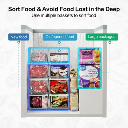 Freezer Organizer Bins - Small Storage Baskets for 7 Cu.Ft | Easy Access Handles, Stackable Deep Freezer Wire Baskets, Vertical Space Sorts for Frozen Meat, Vegetable and Bagged Items