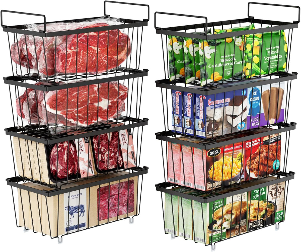 Freezer Organizer Bins - Small Storage Baskets for 7 Cu.Ft | Easy Access Handles, Stackable Deep Freezer Wire Baskets, Vertical Space Sorts for Frozen Meat, Vegetable and Bagged Items