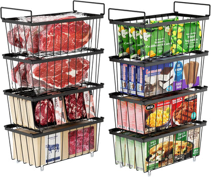 Freezer Organizer Bins - Small Storage Baskets for 7 Cu.Ft | Easy Access Handles, Stackable Deep Freezer Wire Baskets, Vertical Space Sorts for Frozen Meat, Vegetable and Bagged Items