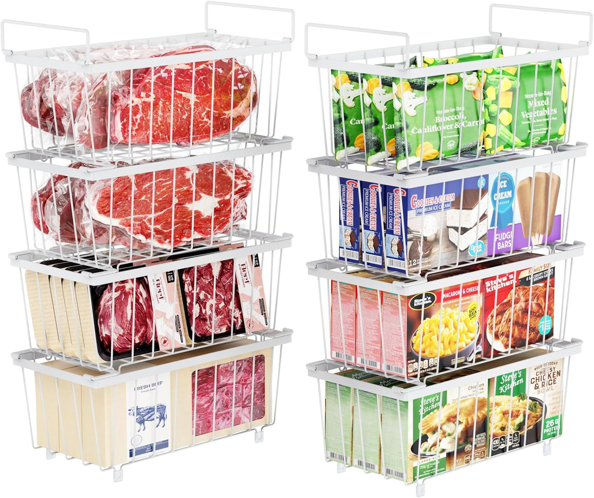 Freezer Organizer Bins - Small Storage Baskets for 7 Cu.Ft | Easy Access Handles, Stackable Deep Freezer Wire Baskets, Vertical Space Sorts for Frozen Meat, Vegetable and Bagged Items
