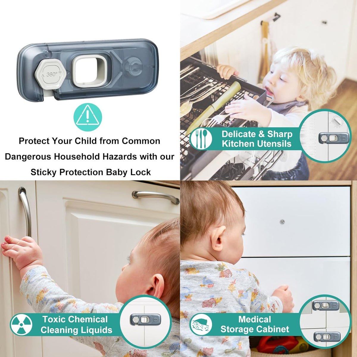 5 Pack Child Proof Refrigerator Lock, Fridge Locks for Kids with Sticky Adhesive Pads, Child Safety Locks for Doors, RV Refrigerator, Oven Lock Child Safety Baby Cabinet Locks - Grey Updated