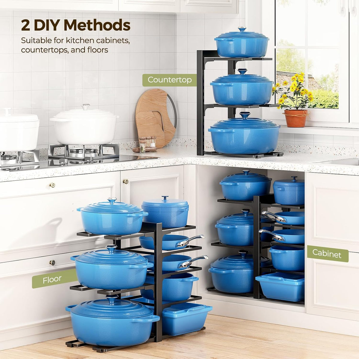 LAMU 8-Tier Heavy Duty Pots and Pans Organizer under Cabinet, 20.8" H | Adjustable heavy-duty pot rack holds stockpots, Dutch ovens and cast iron cookware, 120 LB capacity, Fits inside cabinet