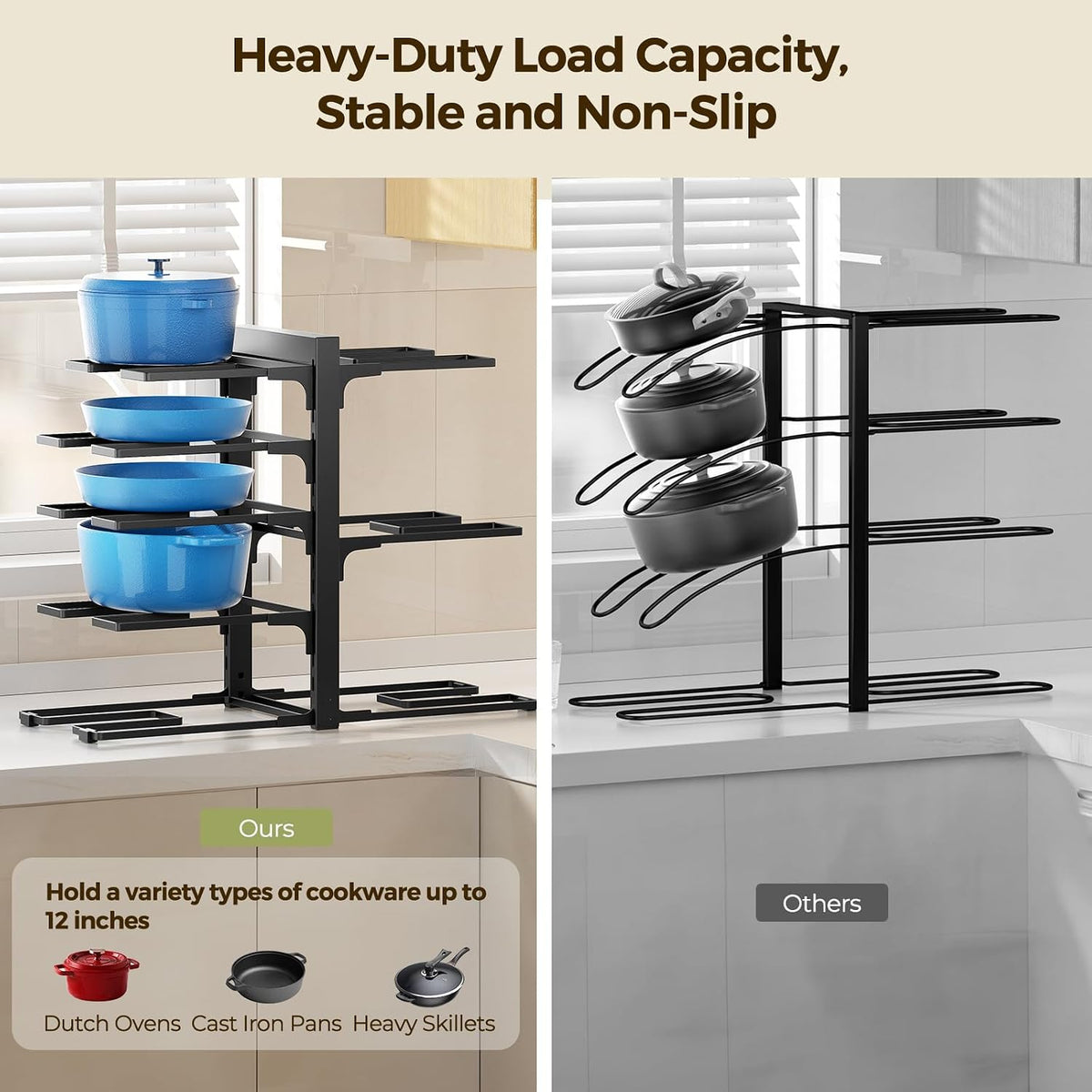 LAMU 8-Tier Heavy Duty Pots and Pans Organizer under Cabinet, 20.8" H | Adjustable heavy-duty pot rack holds stockpots, Dutch ovens and cast iron cookware, 120 LB capacity, Fits inside cabinet