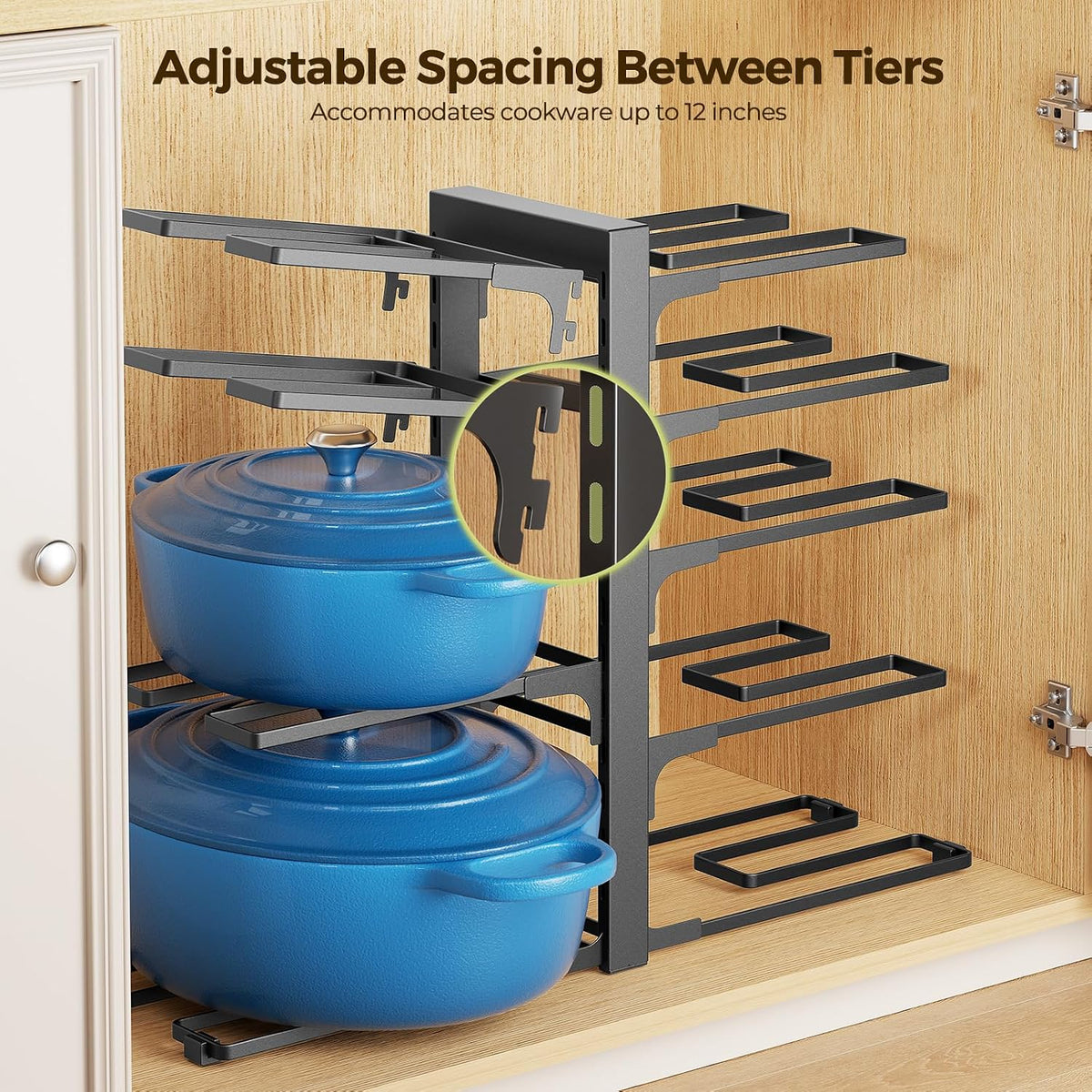 LAMU 8-Tier Heavy Duty Pots and Pans Organizer under Cabinet, 20.8" H | Adjustable heavy-duty pot rack holds stockpots, Dutch ovens and cast iron cookware, 120 LB capacity, Fits inside cabinet