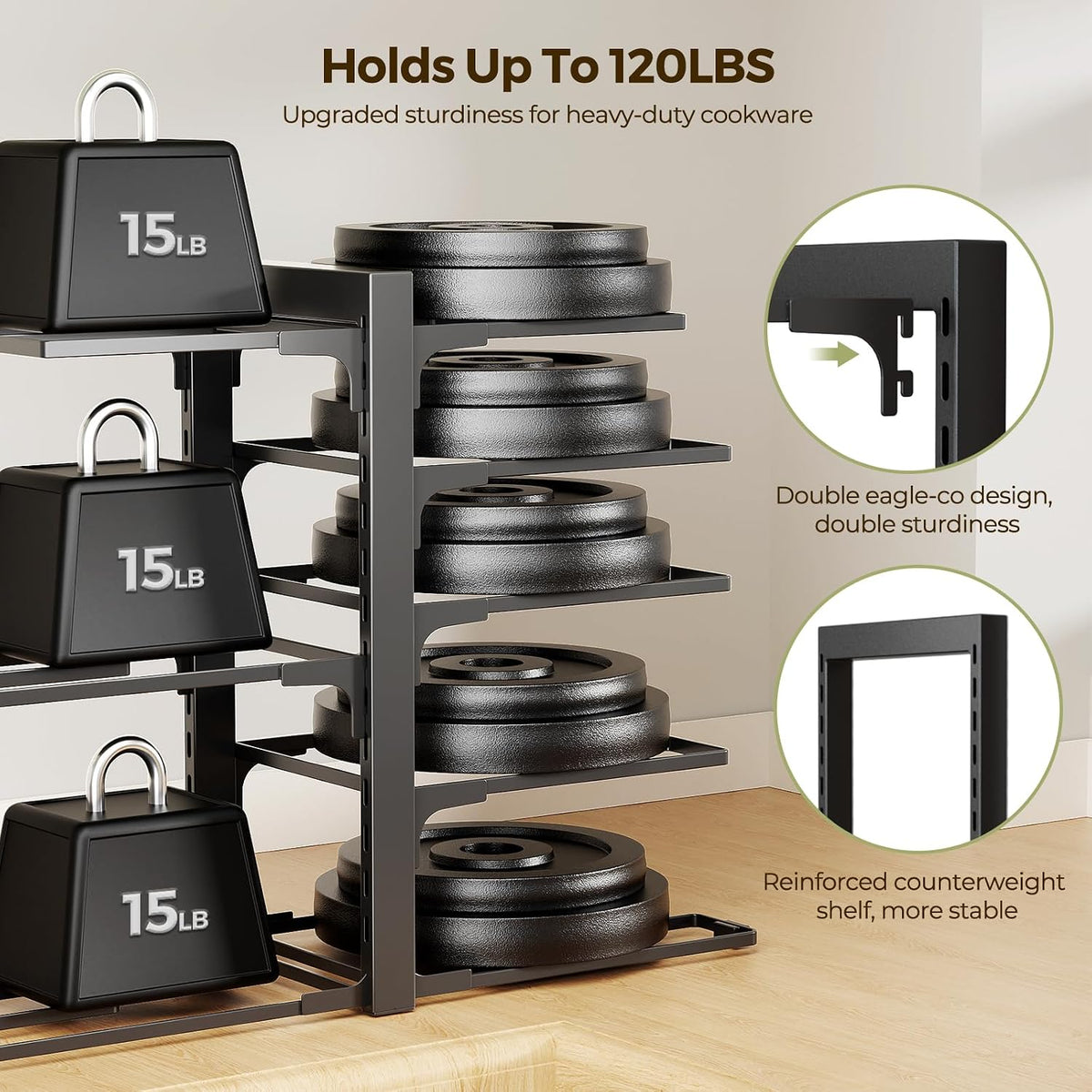 LAMU 8-Tier Heavy Duty Pots and Pans Organizer under Cabinet, 20.8" H | Adjustable heavy-duty pot rack holds stockpots, Dutch ovens and cast iron cookware, 120 LB capacity, Fits inside cabinet