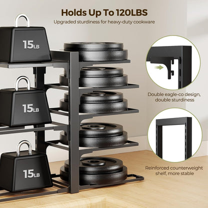 LAMU 8-Tier Heavy Duty Pots and Pans Organizer under Cabinet, 20.8" H | Adjustable heavy-duty pot rack holds stockpots, Dutch ovens and cast iron cookware, 120 LB capacity, Fits inside cabinet