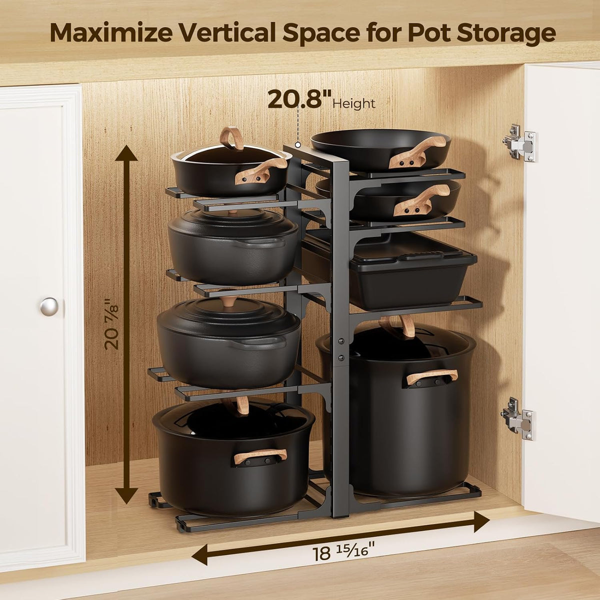 LAMU 8-Tier Heavy Duty Pots and Pans Organizer under Cabinet, 20.8" H | Adjustable heavy-duty pot rack holds stockpots, Dutch ovens and cast iron cookware, 120 LB capacity, Fits inside cabinet