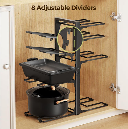 LAMU 8-Tier Heavy Duty Pots and Pans Organizer under Cabinet, 20.8" H | Adjustable heavy-duty pot rack holds stockpots, Dutch ovens and cast iron cookware, 120 LB capacity, Fits inside cabinet