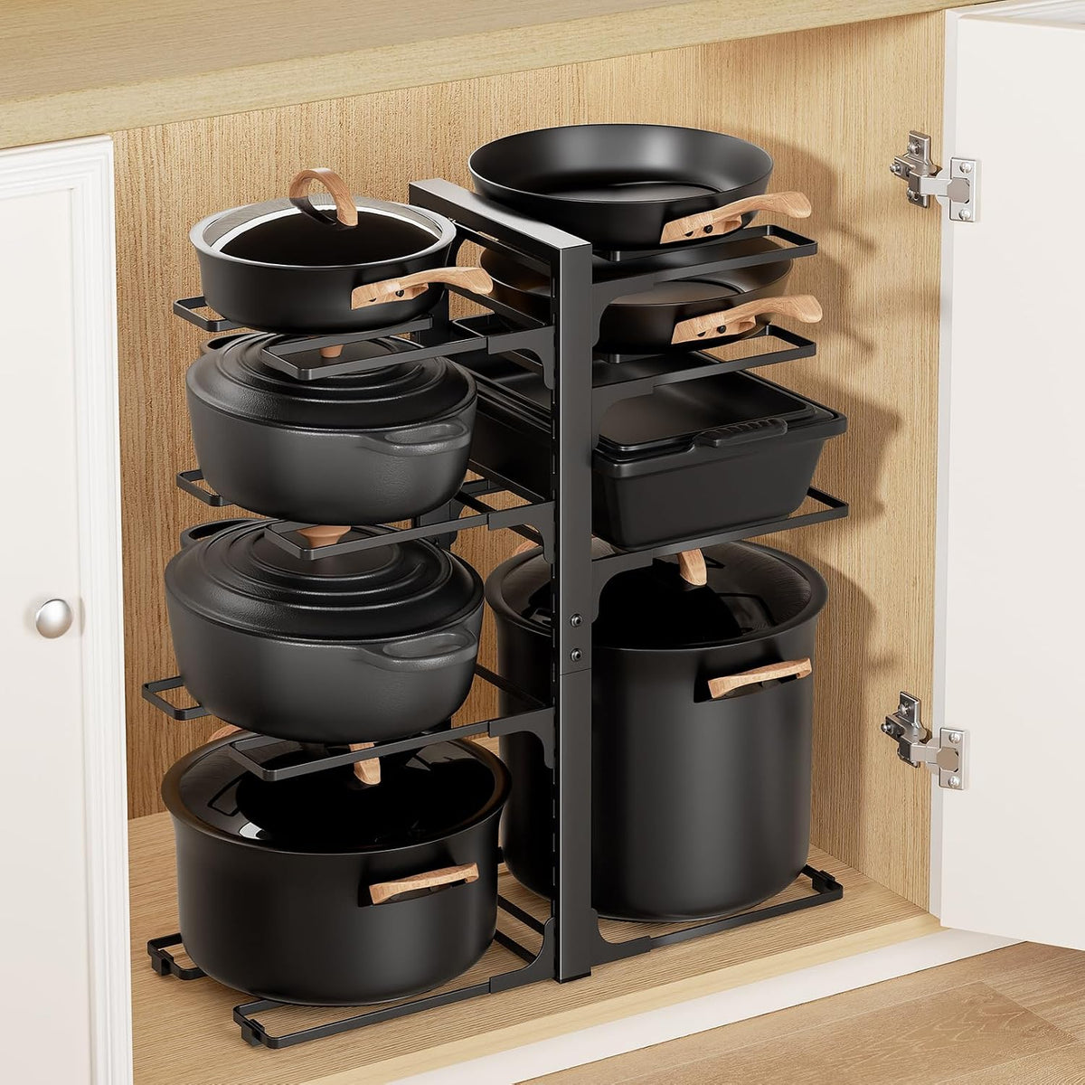 LAMU 8-Tier Heavy Duty Pots and Pans Organizer under Cabinet, 20.8" H | Adjustable heavy-duty pot rack holds stockpots, Dutch ovens and cast iron cookware, 120 LB capacity, Fits inside cabinet