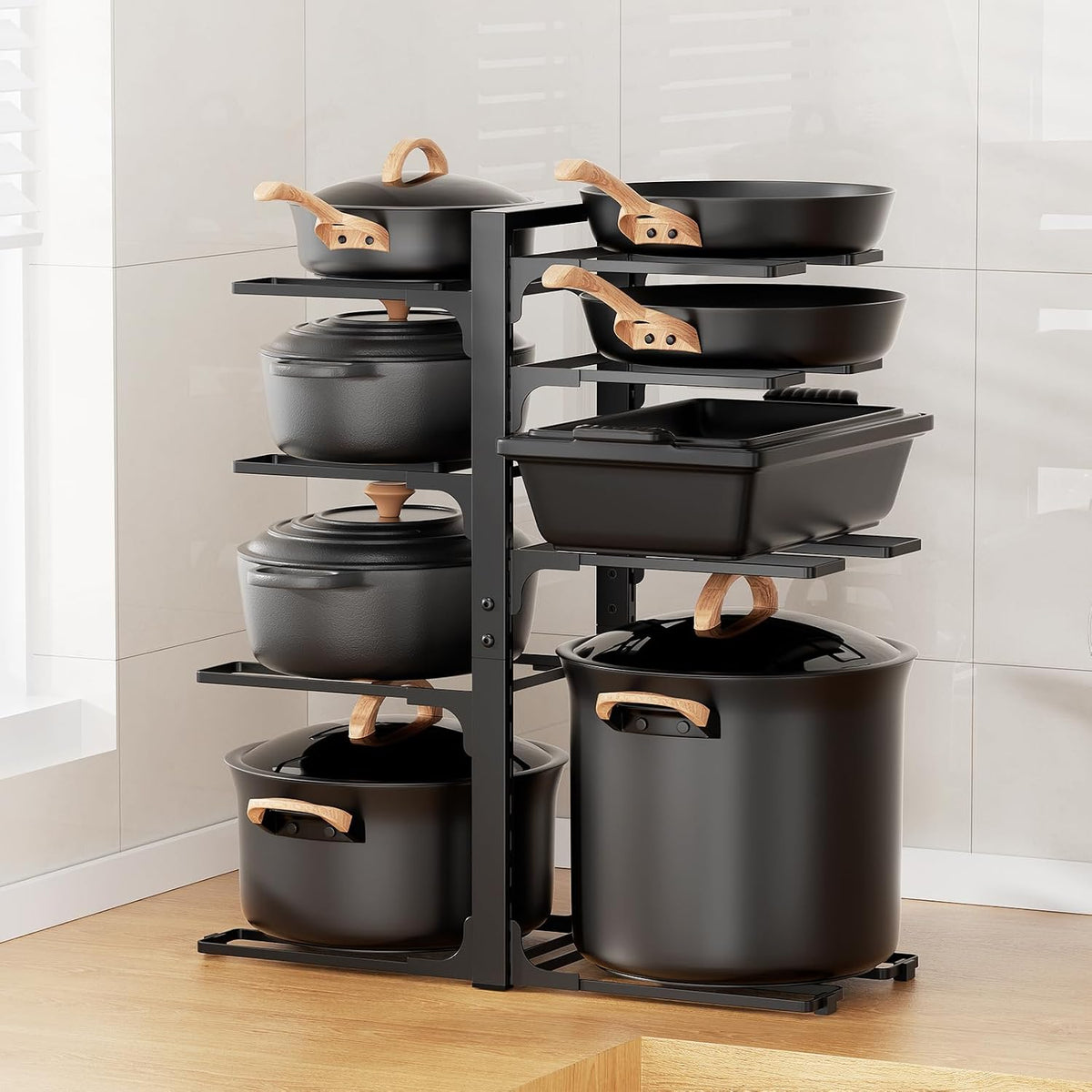 LAMU 8-Tier Heavy Duty Pots and Pans Organizer under Cabinet, 20.8" H | Adjustable heavy-duty pot rack holds stockpots, Dutch ovens and cast iron cookware, 120 LB capacity, Fits inside cabinet