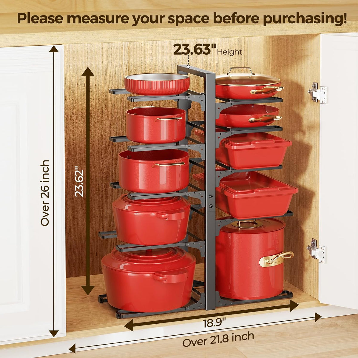 LAMU 8-Tier Heavy Duty Pots and Pans Organizer under Cabinet, 20.8" H | Adjustable heavy-duty pot rack holds stockpots, Dutch ovens and cast iron cookware, 120 LB capacity, Fits inside cabinet
