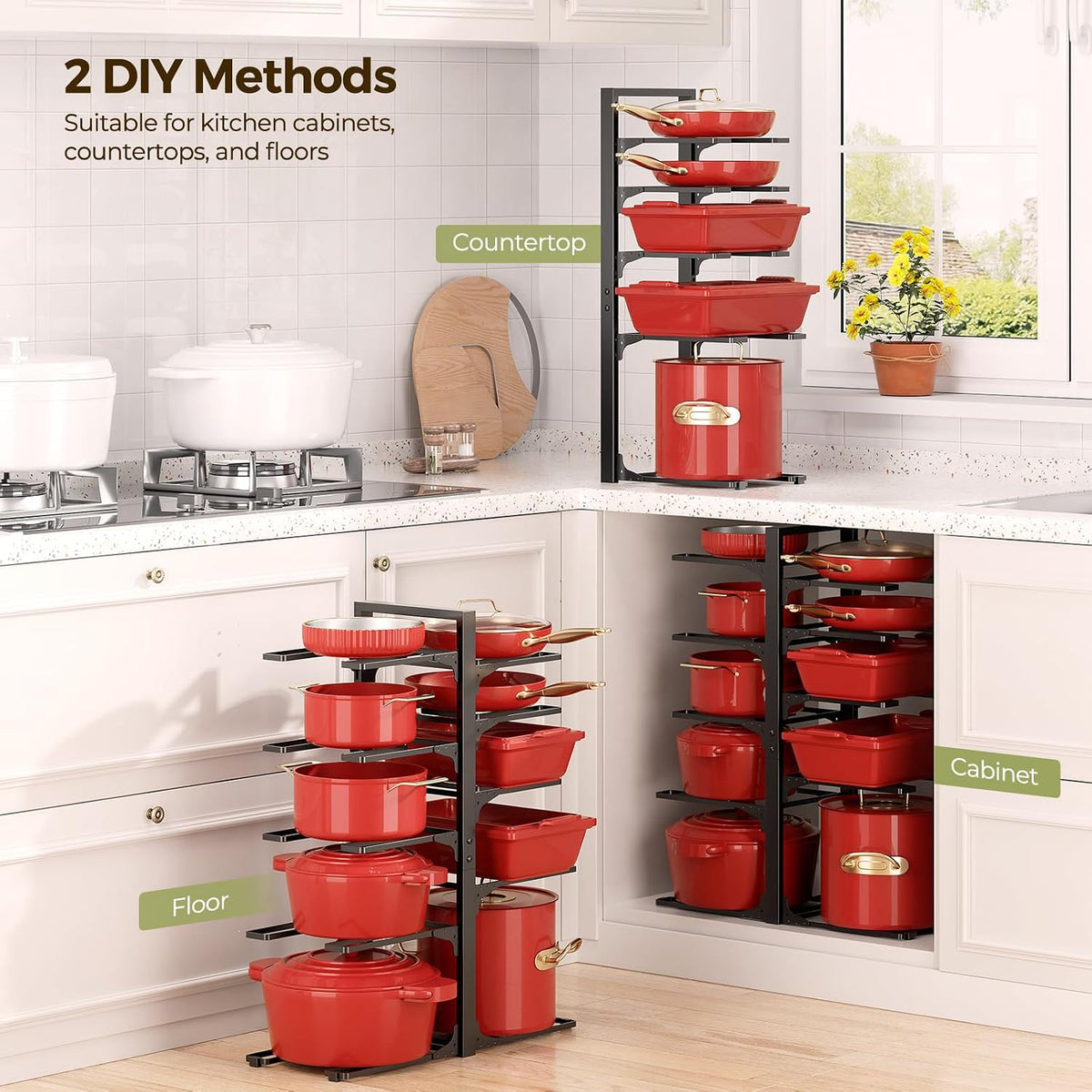 LAMU 8-Tier Heavy Duty Pots and Pans Organizer under Cabinet, 20.8" H | Adjustable heavy-duty pot rack holds stockpots, Dutch ovens and cast iron cookware, 120 LB capacity, Fits inside cabinet