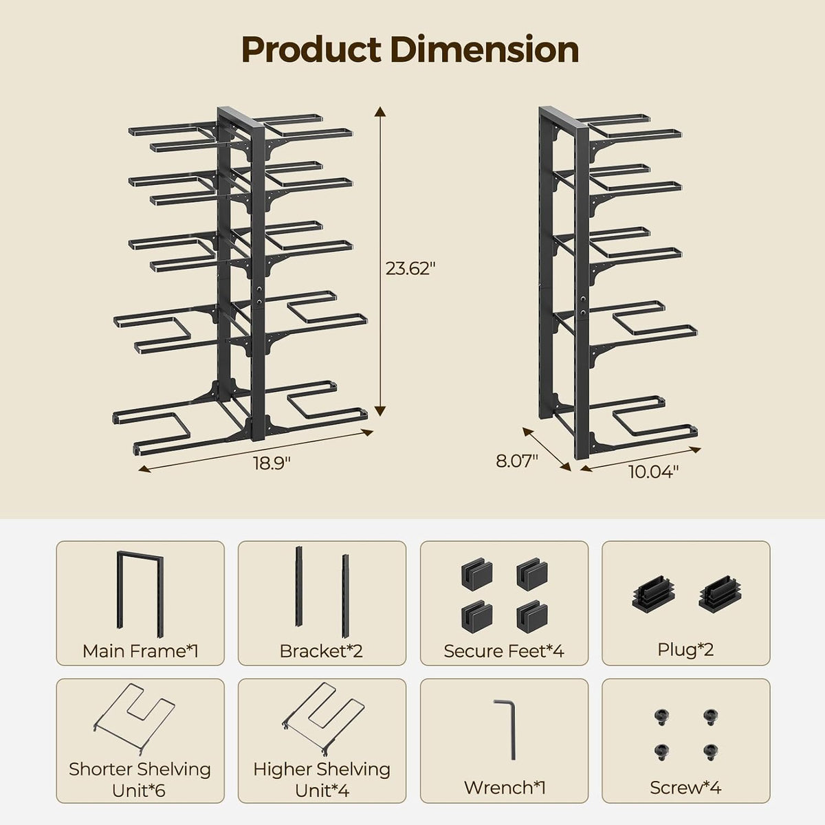 LAMU 8-Tier Heavy Duty Pots and Pans Organizer under Cabinet, 20.8" H | Adjustable heavy-duty pot rack holds stockpots, Dutch ovens and cast iron cookware, 120 LB capacity, Fits inside cabinet