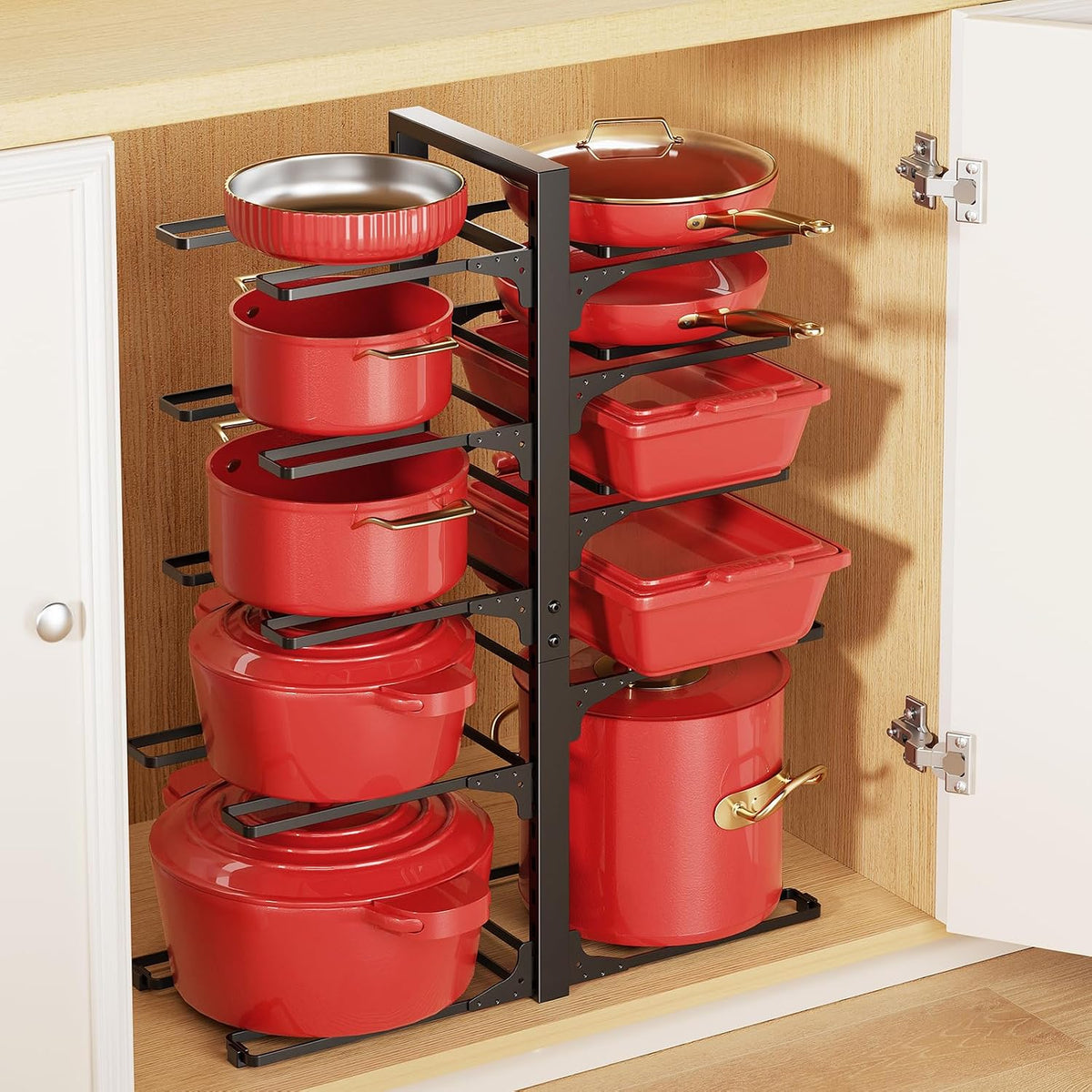 LAMU 8-Tier Heavy Duty Pots and Pans Organizer under Cabinet, 20.8" H | Adjustable heavy-duty pot rack holds stockpots, Dutch ovens and cast iron cookware, 120 LB capacity, Fits inside cabinet
