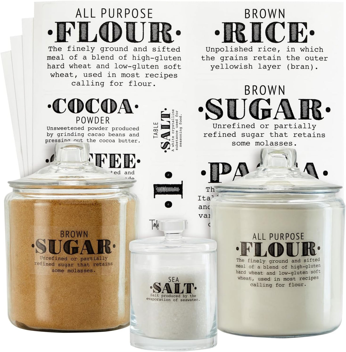 Preprinted Pantry Labels - Waterproof Kitchen Organization & Food Storage Labels - Flour, Sugar & Cornmeal Vinyl Sticker Set - 36 Pack, Medium, Clear Vinyl, Black Print
