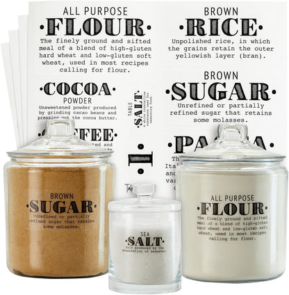 Preprinted Pantry Labels - Waterproof Kitchen Organization & Food Storage Labels - Flour, Sugar & Cornmeal Vinyl Sticker Set - 36 Pack, Medium, Clear Vinyl, Black Print