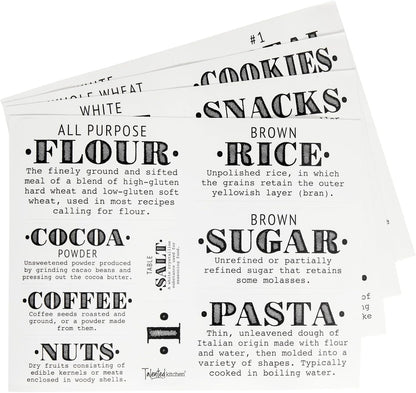 Preprinted Pantry Labels - Waterproof Kitchen Organization & Food Storage Labels - Flour, Sugar & Cornmeal Vinyl Sticker Set - 36 Pack, Medium, Clear Vinyl, Black Print