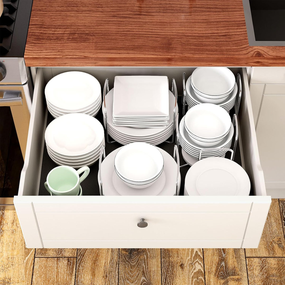 Adjustable Bamboo Plate Organizer for Drawer, Dish Holder for Cabinet, RV