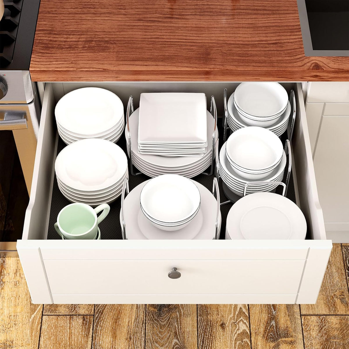 Adjustable Bamboo Plate Organizer for Drawer, Dish Holder for Cabinet, RV